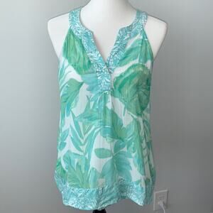 Christian Siriano Tropical Leaf Sleeveless Split V Neck Knit Top Sz M